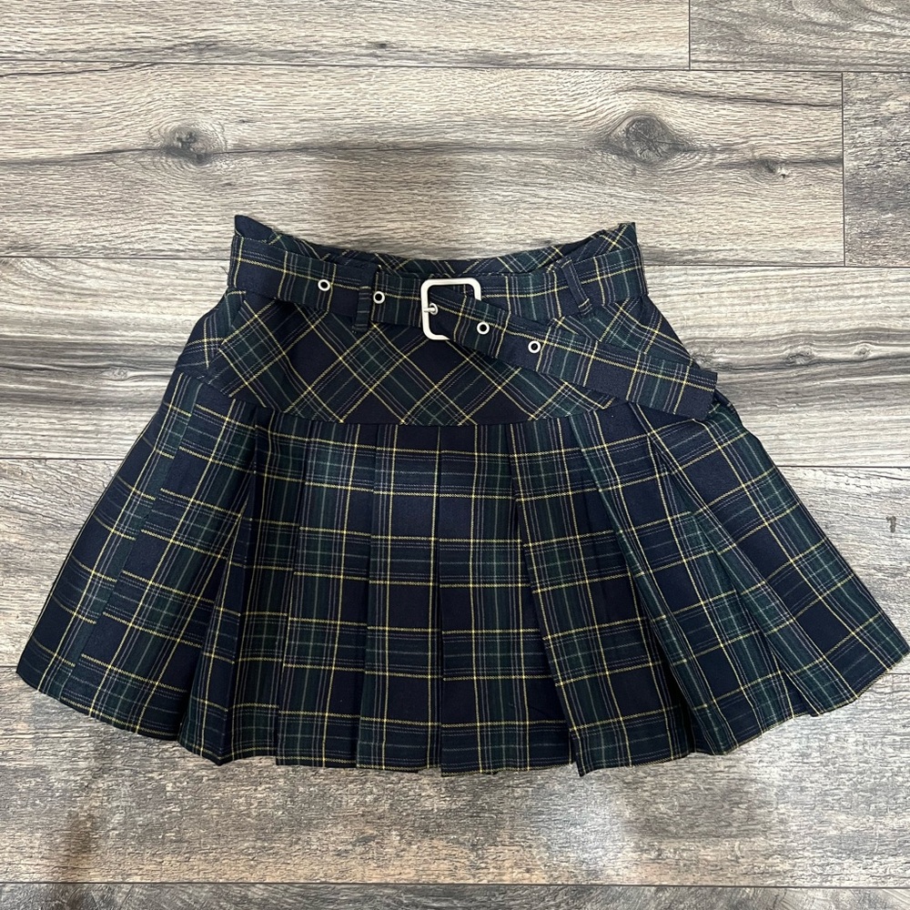 Navy Plaid Skater Skirt with Belt